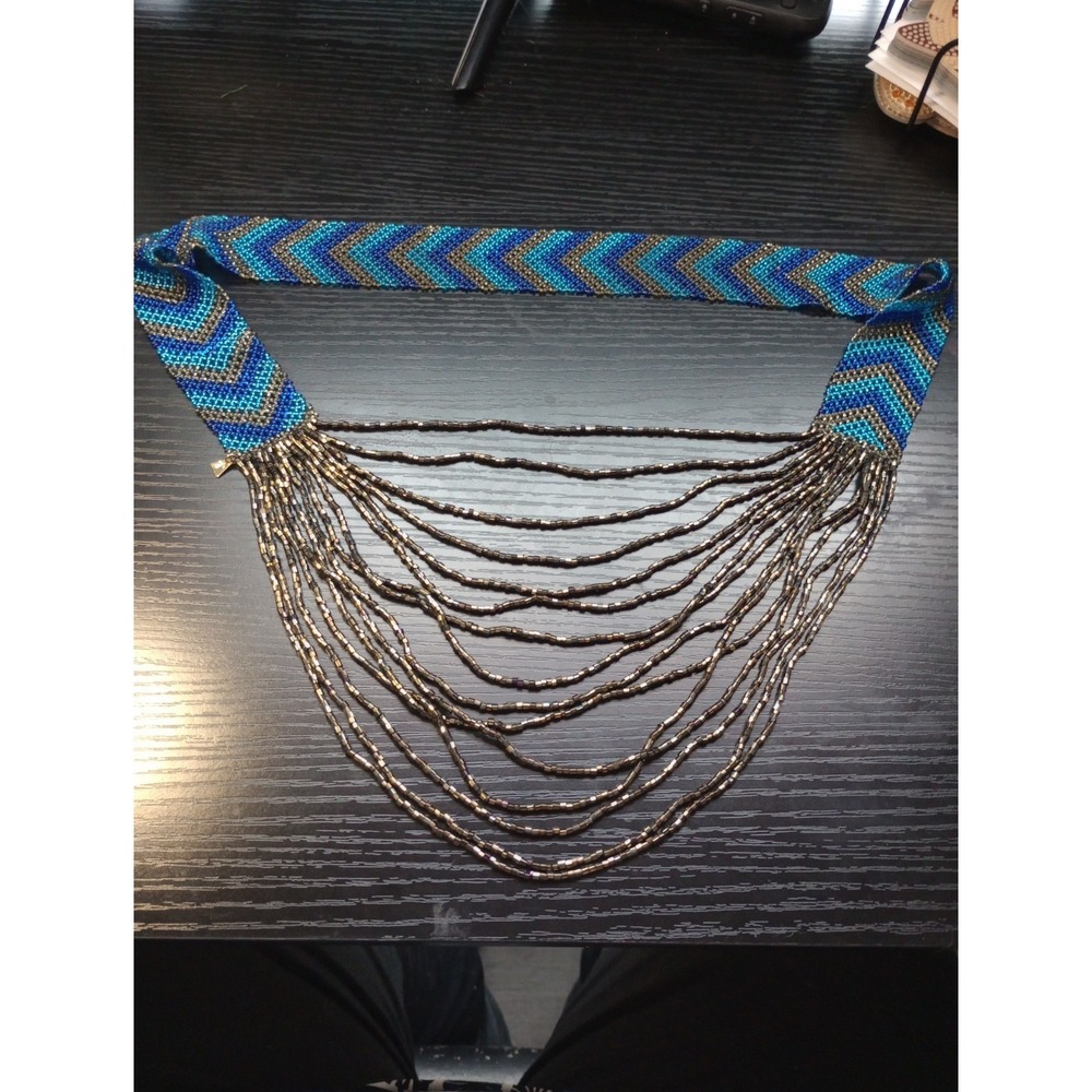 Artisan‎ Loom Beaded Fringe Necklace Blue Chevron Bib Statement Glass Seed Beads